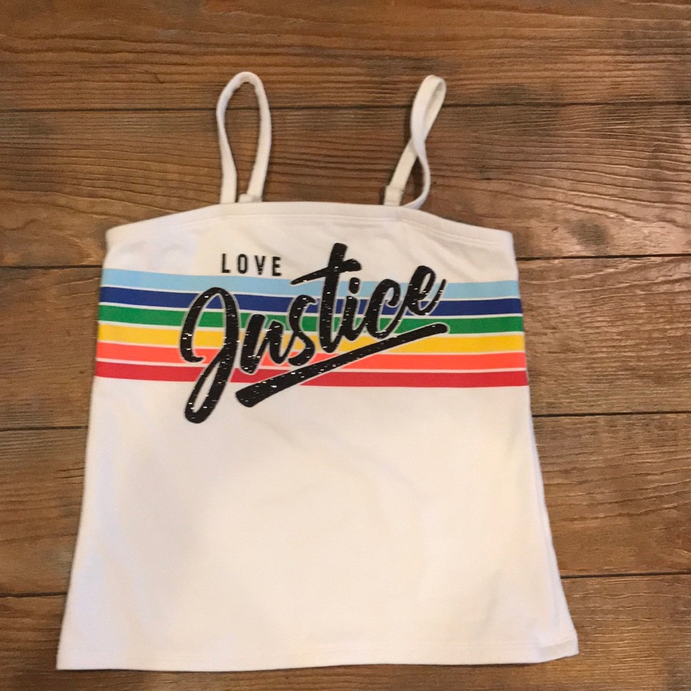 Justice White Tank Top with Rainbow Stripes